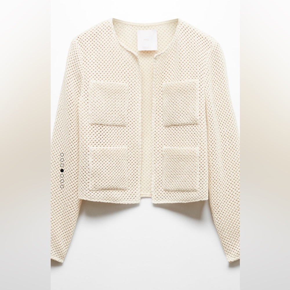 Mango open work knit cream cardigan collarless blazer XS NWT